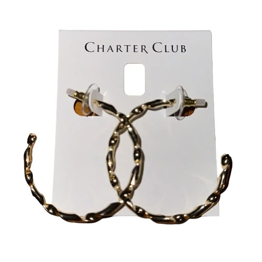 NWT Charter Club Gold-Tone Medium Spiral Twist C-Hoop Earrings, 1.7